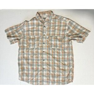 LL Bean Short Sleeve Button Up Fishing Shirt‎ Orange Gray Plaid L REG 255095
